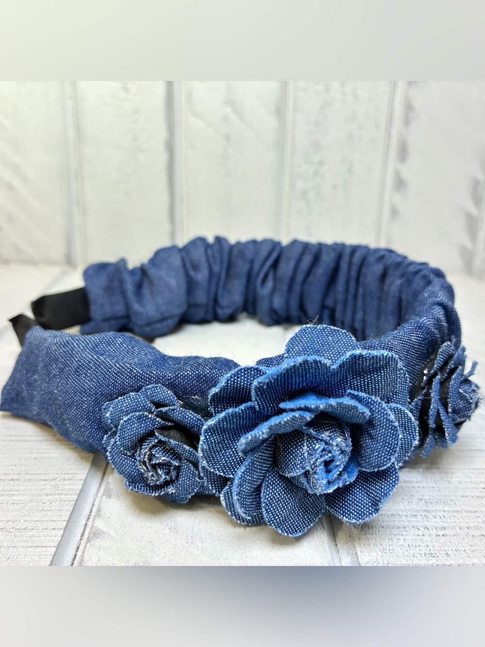 Women’s Headband Faux Denim Fabric Scrunched Design With Rosette Flowers